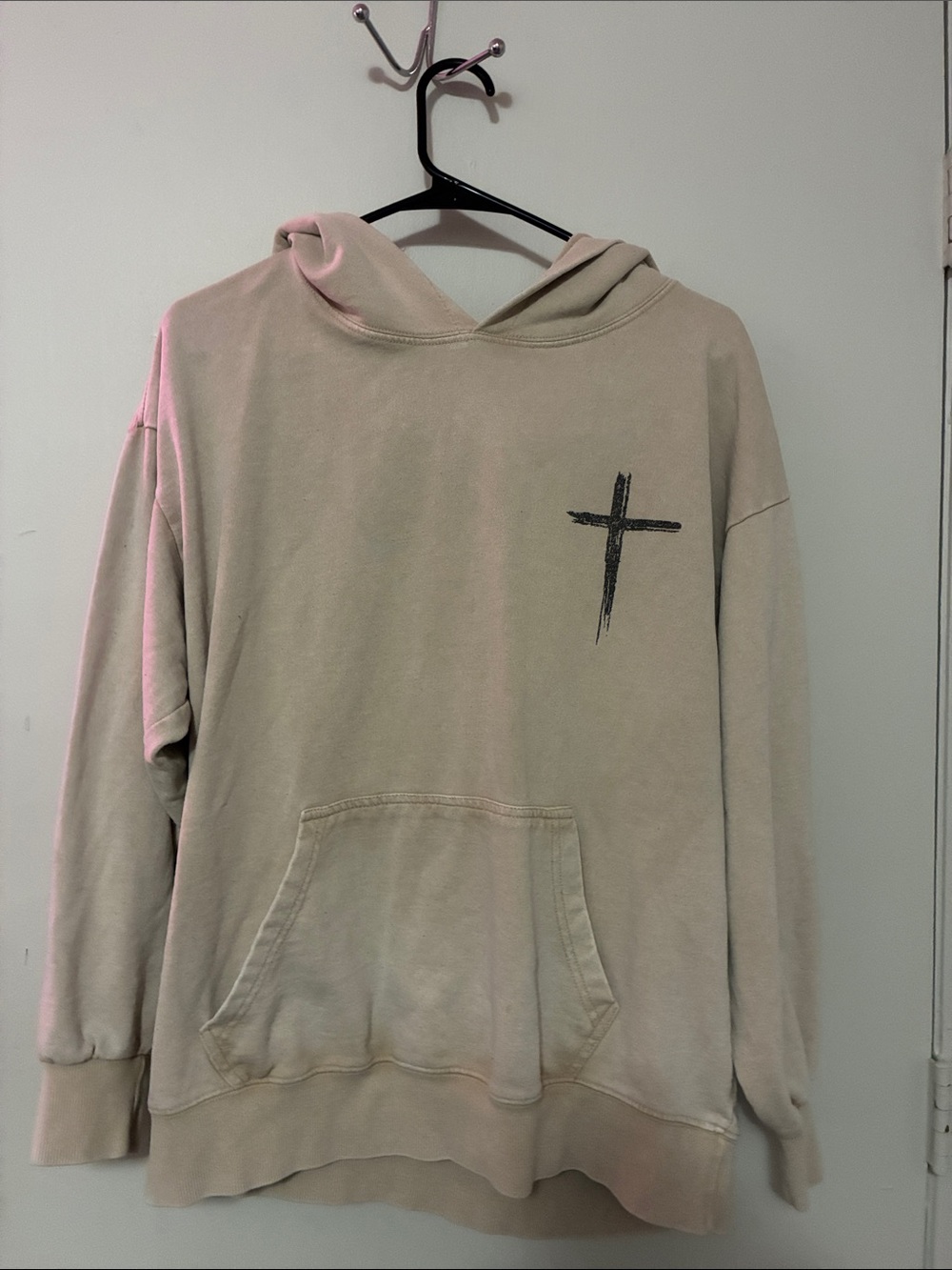 Men's Hooded Pullover Sweater in Beige with Cross Graphic
